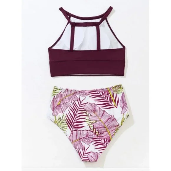 Burgundy Print High Waisted 2pc Bikini Swimsuit Bathing Suit - Picture 4 of 7